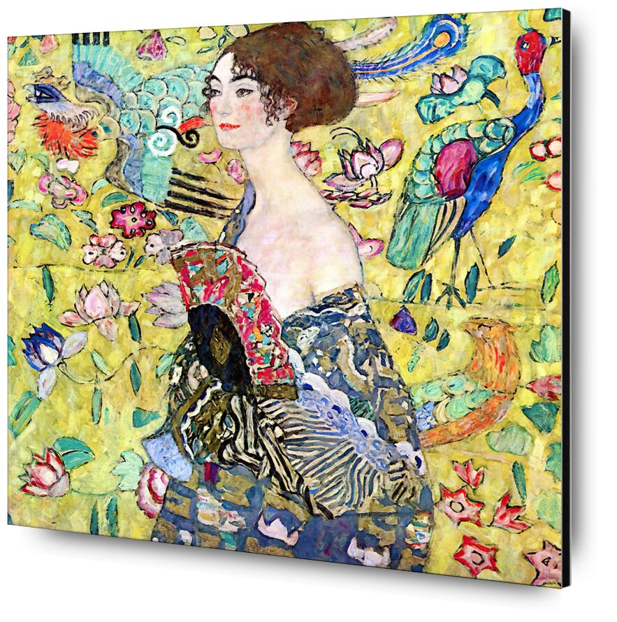 Lady with a Fan - Gustav Klimt desde Bellas artes, Prodi Art, KLIMT, dama, mujer, alcance, pintura, pájaros, amarillo
