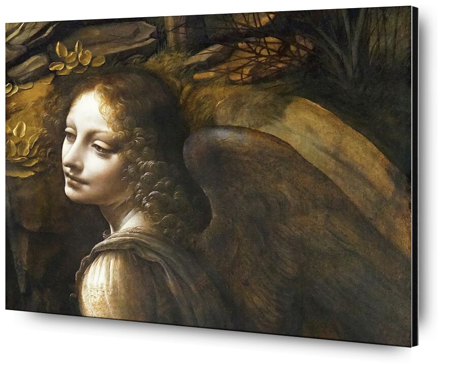 Détails de L'Ange, La Vierge des Rochers - Léonard de Vinci de AUX BEAUX-ARTS, Prodi Art, Leonard de Vinci, ange, peinture, portrait, ailes, femme, frisé