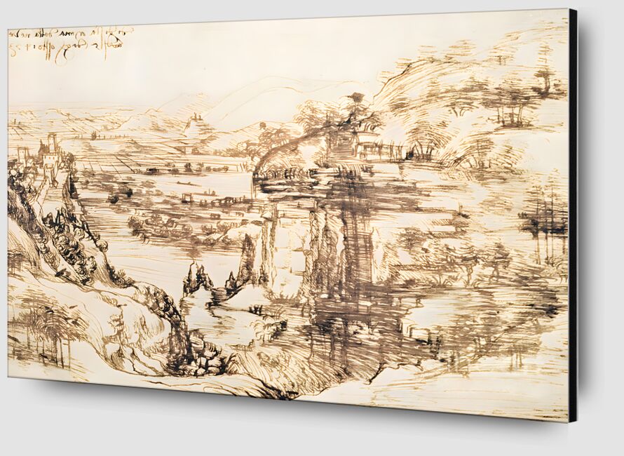 Paysage de la vallée de l'Arno - Léonard de Vinci, 1473 de AUX BEAUX-ARTS Zoom Alu Dibond Image