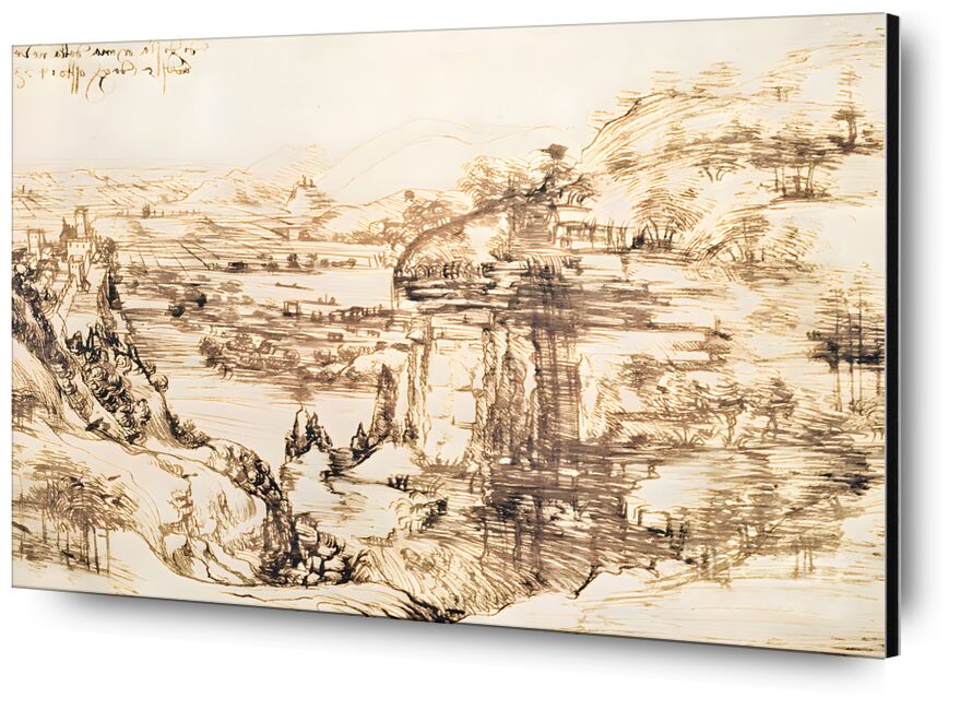 Arno Landscape, 1473 desde Bellas artes, Prodi Art, dibujo a lápiz, Italia, paisaje, Leonardo da Vinci