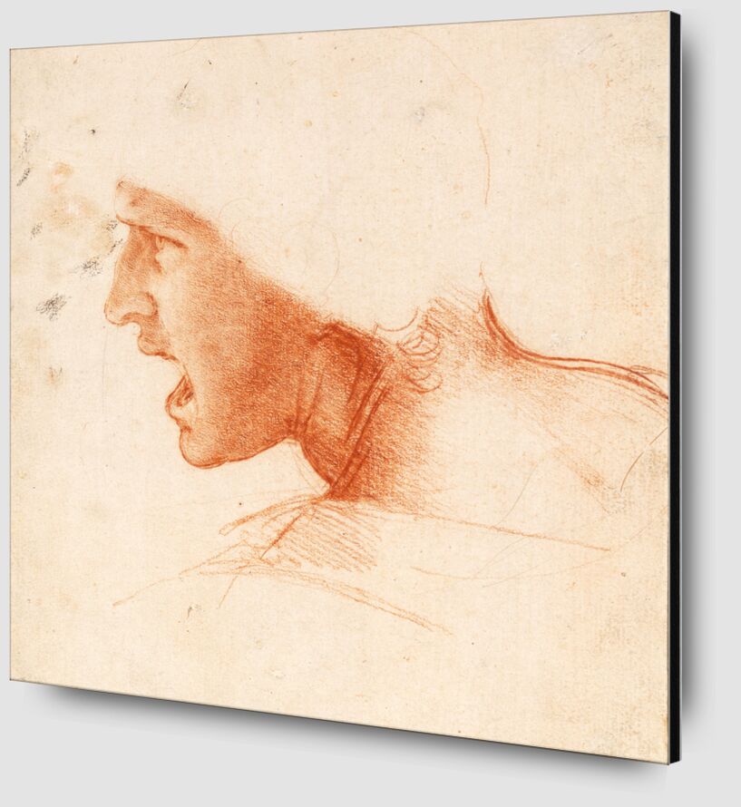 Étude recto pour la Tête d'un Soldat dans la Bataille d'Anghiari - Léonard de Vinci de AUX BEAUX-ARTS Zoom Alu Dibond Image