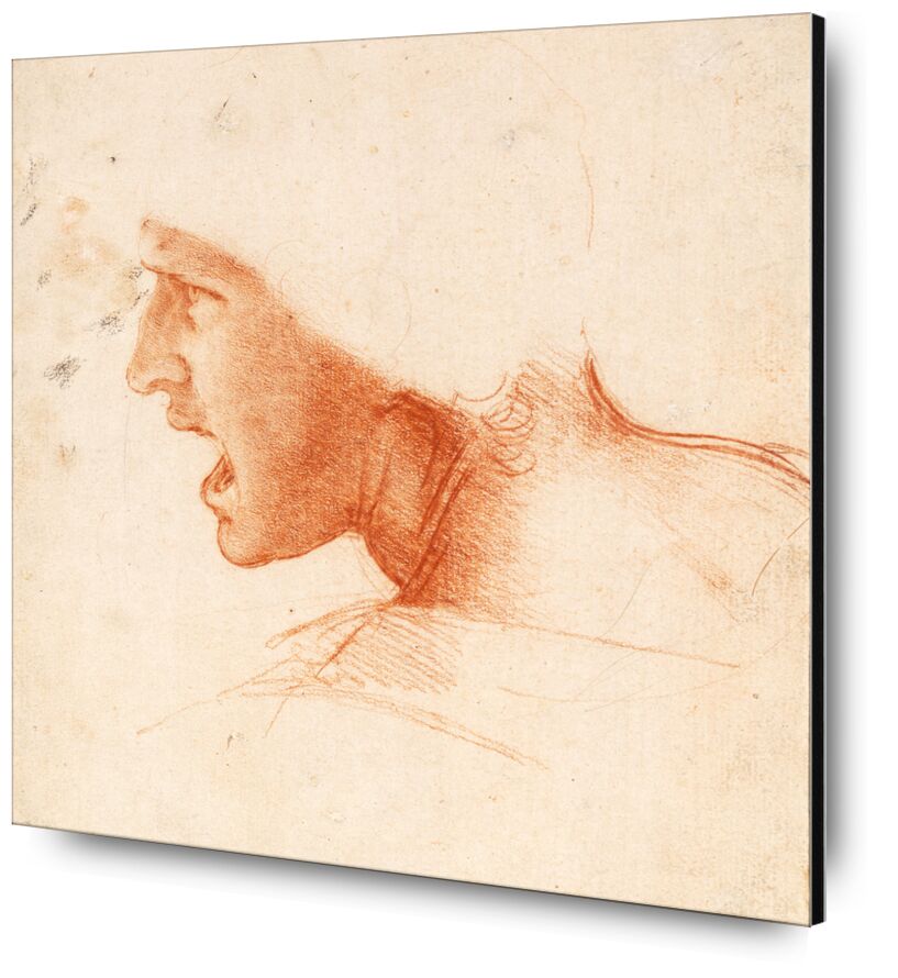 Recto Study for the Head of a Soldier in the Battle of Anghiari - Leonardo da Vinci desde Bellas artes, Prodi Art, retrato, Leonard de Vinci, soldado, guerra, lápiz, dibujo