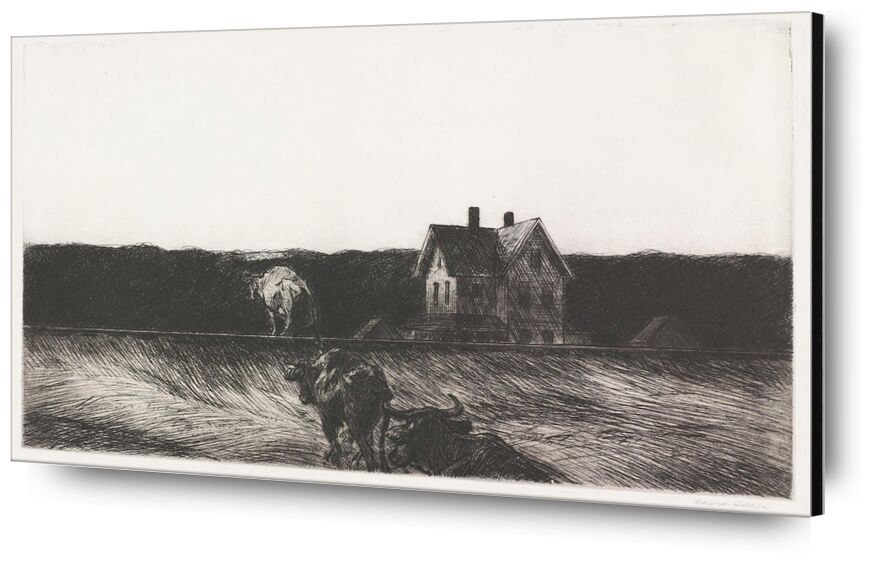 Paisaje Americano - Edward Hopper desde Bellas artes, Prodi Art, Edward Hopper, paisaje, dibujo a lápiz, naturaleza, vaca, campesino, agricultura