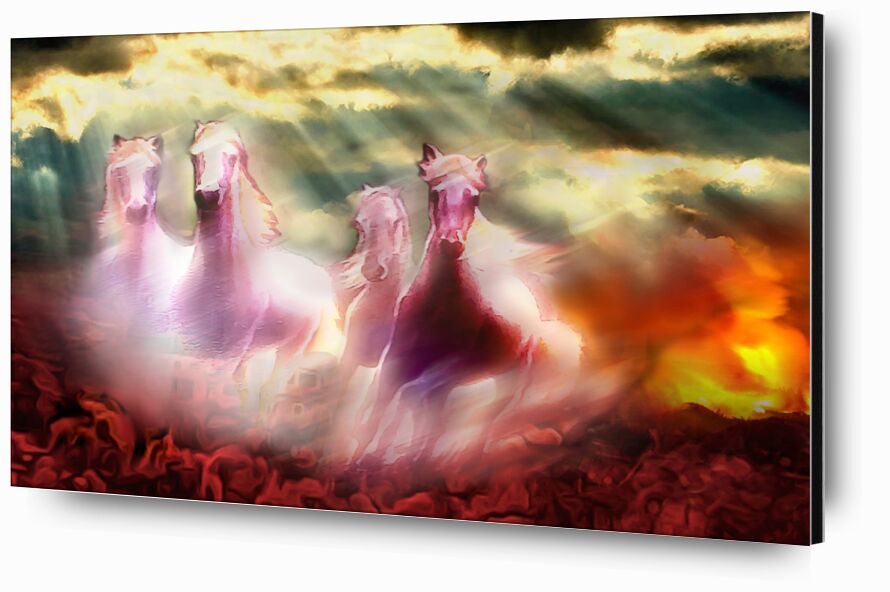Descente des chevaux de Adam da Silva, Prodi Art, brillant, rayon de soleil, chevaux, rouge, nuages, nuage, ciel, apocalypse, paradis