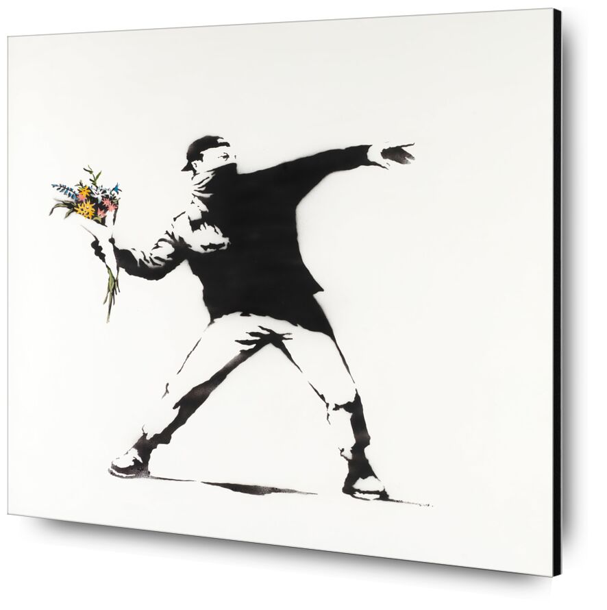 Love Is in the Air desde Bellas artes, Prodi Art, revolución, aire, pintada, arte callejero, gorra, hombre, blanco y negro, ramo de flores, Banksy, amor
