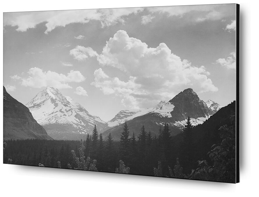Regarder à travers la forêt vers les montagnes et les nuages - Ansel Adams de AUX BEAUX-ARTS, Prodi Art, montage, nuage, paysage, noir et blanc, neige, hiver, sapin