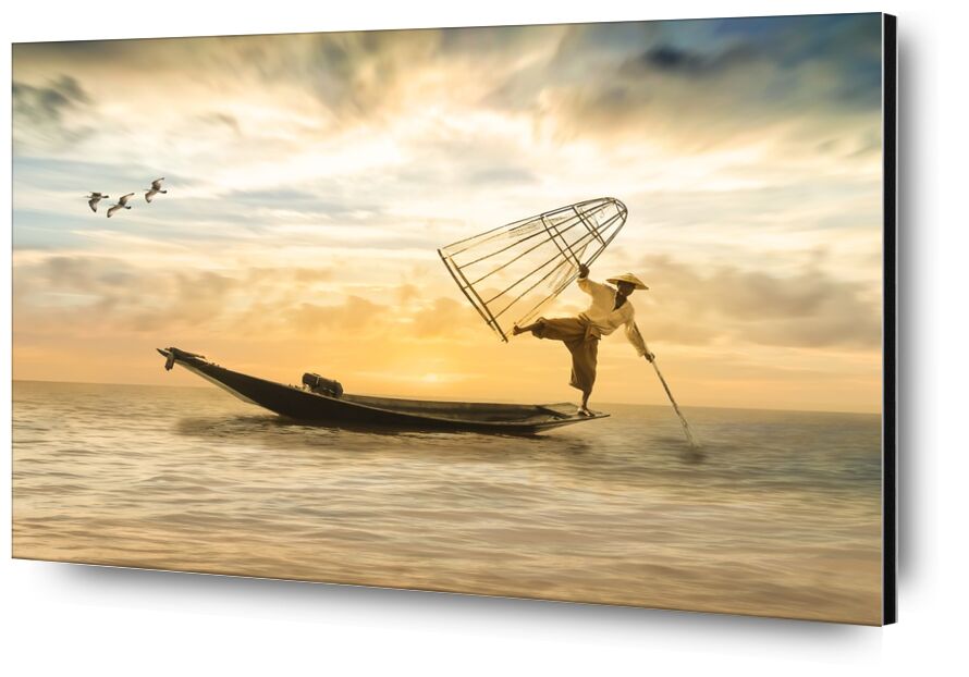The fisherman from Pierre Gaultier, Prodi Art, fischer, fishing boat, boot, fish, sea, water, lake, fishing net, gulls, sky, sunset, romantic, landscape, clouds, nature, mood, abendstimmung, evening sky, bright, silent, rest, setting sun, romance, atmospheric, photo montage, composing