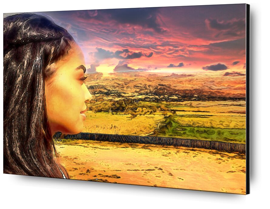 Soleil d'Afrique de Adam da Silva, Prodi Art, tresses, désert, végétation, des arbres, coiffure, terres, couché de soleil, femme, Afrique, soleil, collines, nuages, ciel, profil, visage de profil