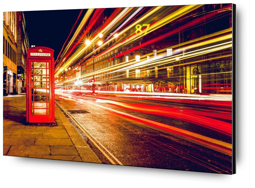 In a London street by night from Pierre Gaultier, Prodi Art, cars, city, communication, england, great, britain, lights, london, long-exposure, motion, phone, booth, speed, street, telephone, booth, time-exposure, traffic