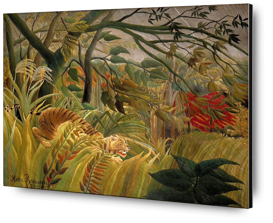 Tigre en una tormenta tropical desde Bellas artes, Prodi Art, Rousseau, trópico, selva, árboles, Tigre, flores, enrique