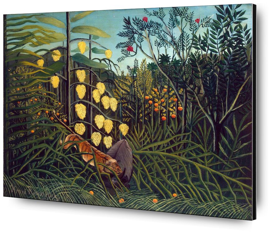 Tropical Forest: Battling Tiger and Buffalo von Bildende Kunst, Prodi Art, Rousseau, Tiger, Wald, Dschungel, Bäume, Natur, Kampf, Büffel