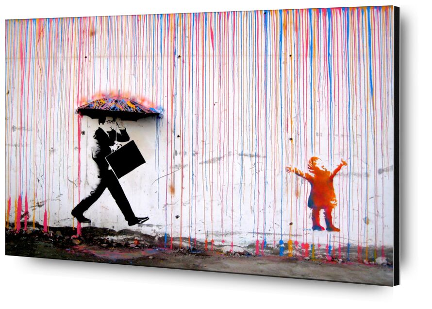 Pluie colorée - Banksy de AUX BEAUX-ARTS, Prodi Art, homme d'affaires, joie, graffiti, dessin, rue, enfant, pluie, Banksy