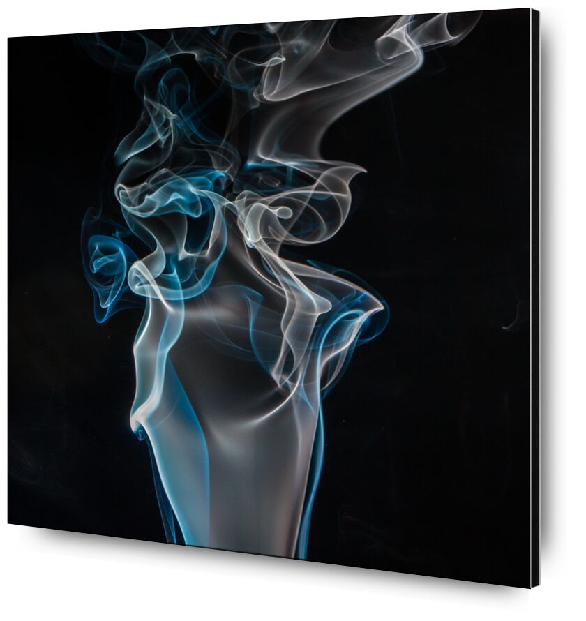 Fumée digitale de Pierre Gaultier, Prodi Art, bleu, gros plan, foncé, blanc, fond noir abstrait, courbe, forme, fumée