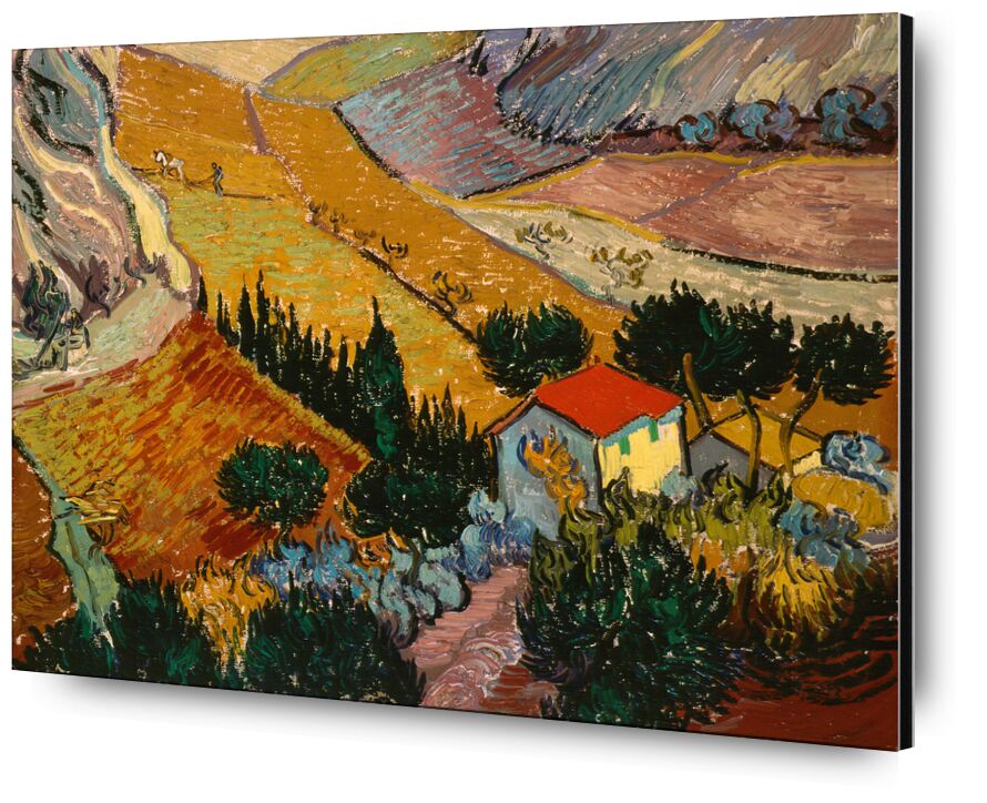 Landscape with House and Ploughman - VINCENT VAN GOGH 1889 desde Bellas artes, Prodi Art, casa, camino, árboles, campos de trigo, campos, paisaje, pintura, VINCENT VAN GOGH