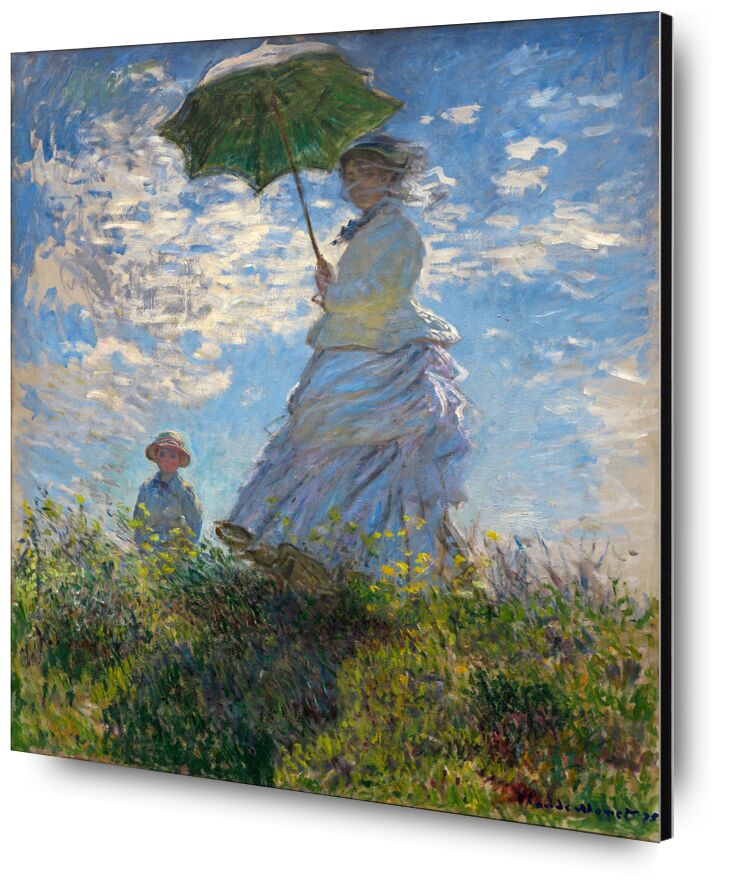 The Stroll - CLAUDE MONET 1875 desde Bellas artes, Prodi Art, sombrilla, paraguas, CLAUDE MONET, prado, azul, nubes, pintura, niño, mujer