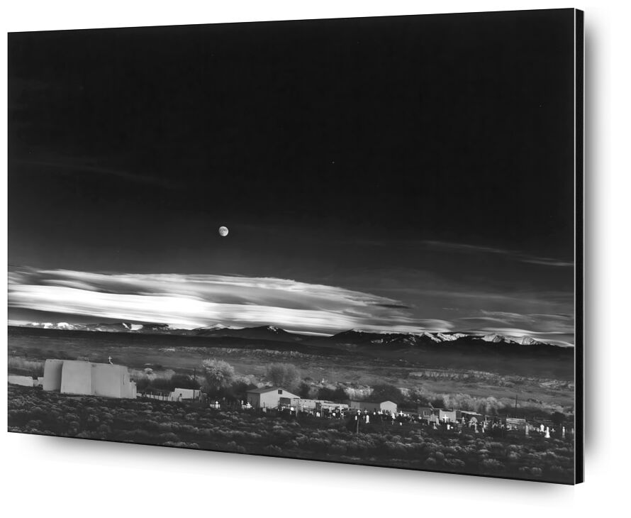 Moonrise over Hernandez New Mexico - Ansel Adams 1941 from Fine Art, Prodi Art, sky, black-and-white, black White, Moon, USA, House, stars, star, farm, countryside, ANSEL ADAMS, New Mexico