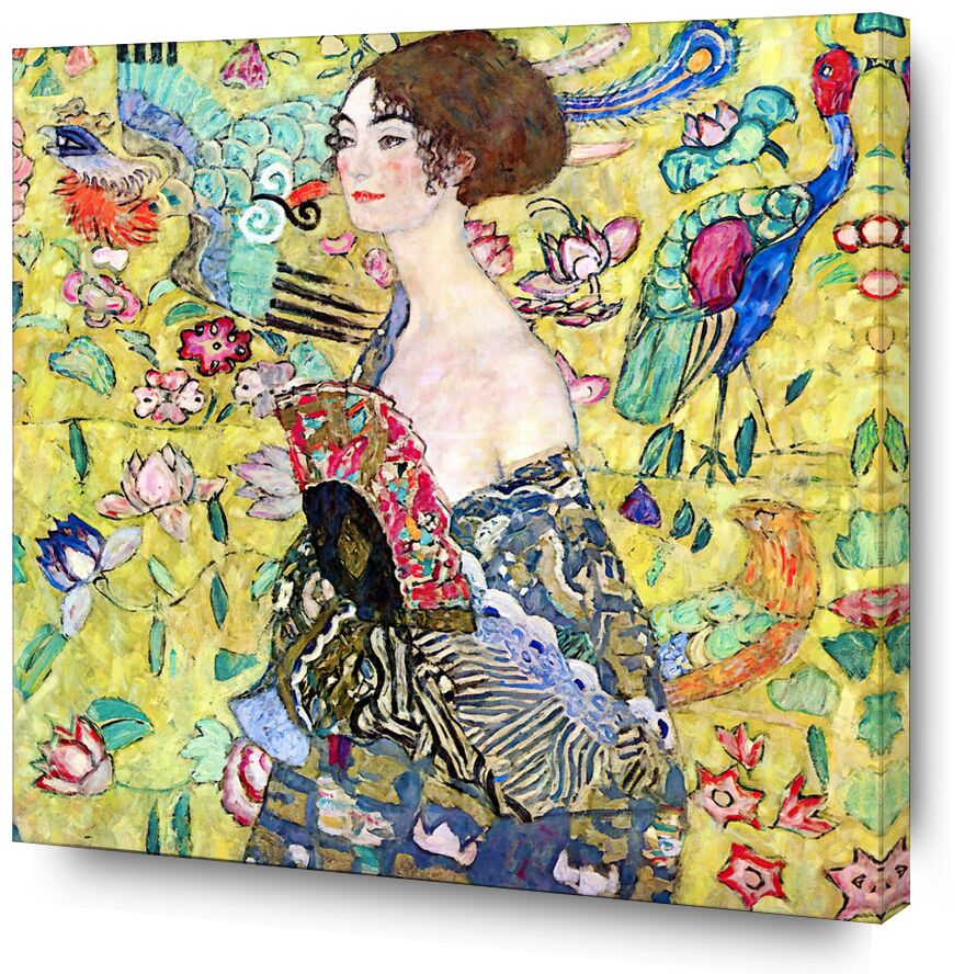 Lady with a Fan - Gustav Klimt from AUX BEAUX-ARTS, Prodi Art, KLIMT, lady, woman, range, painting, birds, yellow