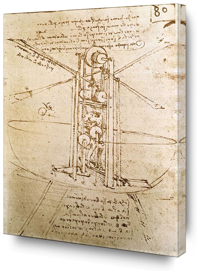 Vertically Standing Bird's-Winged Flying Machine - Leonardo da Vinci from AUX BEAUX-ARTS, Prodi Art, diagram, Leonardo da Vinci, aircraft, sketch, pencil drawing