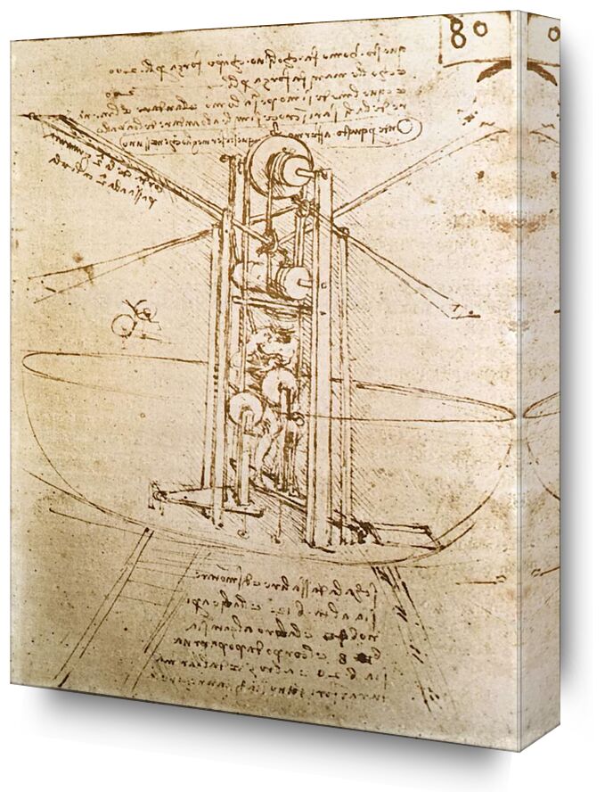 Vertically Standing Bird's-Winged Flying Machine - Leonardo da Vinci from Fine Art, Prodi Art, diagram, Leonardo da Vinci, aircraft, sketch, pencil drawing