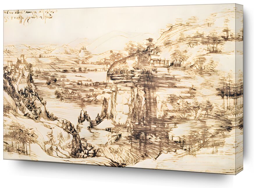 Arno Landscape - Leonardo da Vinci, 1473 von Bildende Kunst, Prodi Art, Bleistiftzeichnung, Italien, Landschaft, Leonardo da Vinci