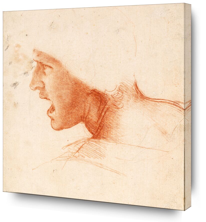 Recto Study for the Head of a Soldier in the Battle of Anghiari - Leonardo da Vinci von Bildende Kunst, Prodi Art, Porträt, Leonard de Vinci, Soldat, Krieg, Bleistift, Zeichnung