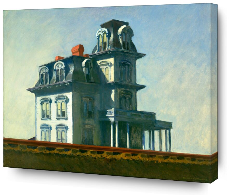 House by The Railroad - Edward Hopper from AUX BEAUX-ARTS, Prodi Art, House, painting, sky, blue, railway, Edward Hopper