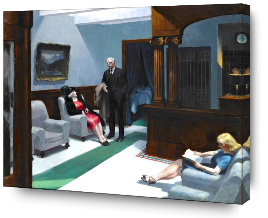 Hotel Lobby - Edward Hopper de Beaux-arts, Prodi Art, Edward Hopper, Un hôtel, peinture, femme, homme, accueil