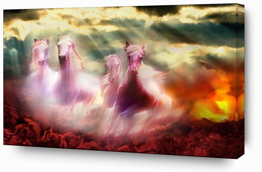 Descent of the horses from Adam da Silva, Prodi Art, bright, ray of sunshine, horses, red, clouds, cloud, sky, apocalypse, paradise