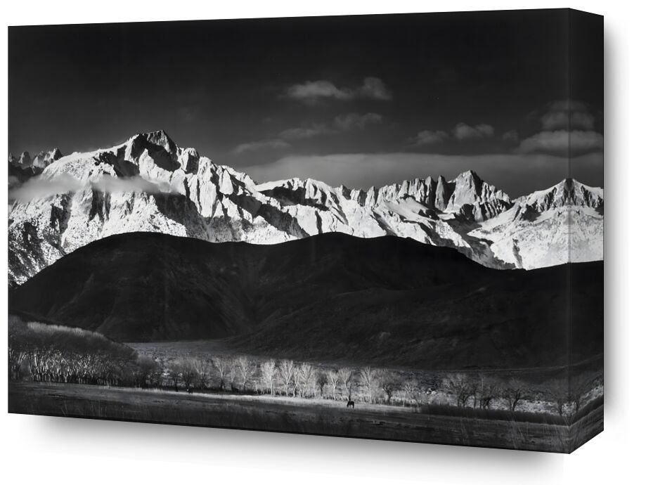 Winter Sunrise from Lone Pine, Sierra Nevada - Ansel Adams 1944 from Fine Art, Prodi Art, adams, Sierra Nevada, USA, lake, forest, landscape, black-and-white, sky, ANSEL ADAMS, mountains