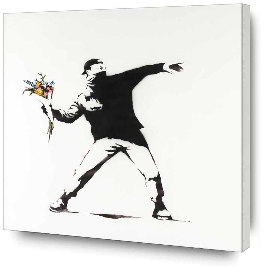 L'Amour Est dans les Airs - BANKSY de Beaux-arts, Prodi Art, révolution, air, graffiti, art de rue, casquette, homme, noir et blanc, bouquet de fleurs, Banksy, amour