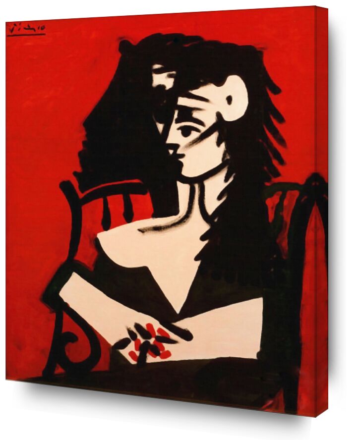 Jacqueline a Mantille Sur Fond Rouge - Picasso from AUX BEAUX-ARTS, Prodi Art, picasso, portrait, painting, red