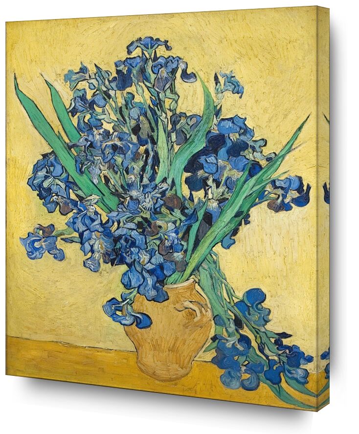Vase of Irises Against a Yellow Background von Bildende Kunst, Prodi Art, Van gogh, Malerei, Iris, Vase, blau, gelb