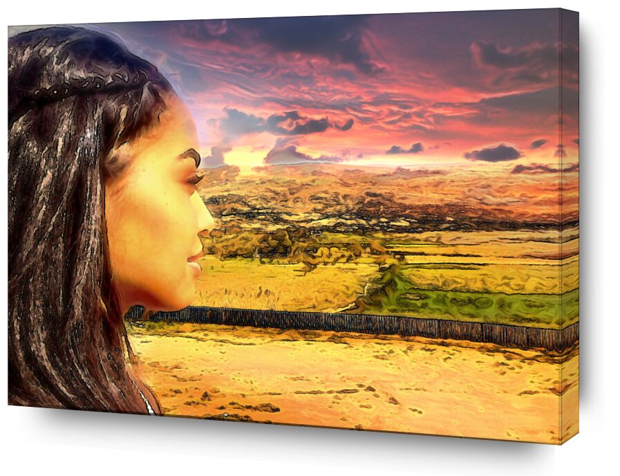 Sun of Africa from Adam da Silva, Prodi Art, braids, desert, vegetation, trees, hairdressing, lands, sunset, woman, africa, Sun, hills, clouds, sky, profile, profile face