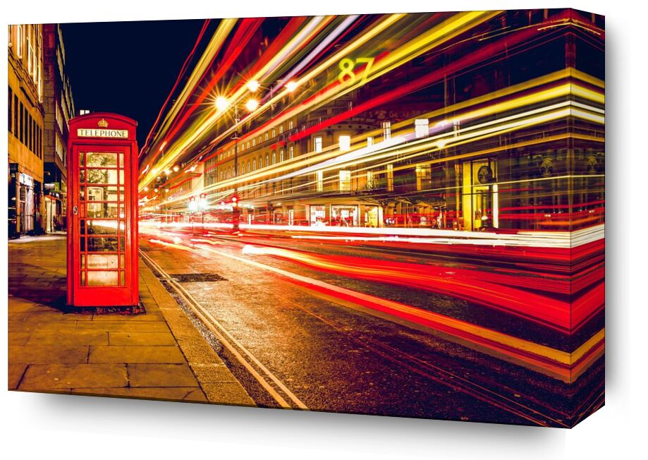 In a London street by night from Pierre Gaultier, Prodi Art, cars, city, communication, england, great, britain, lights, london, long-exposure, motion, phone, booth, speed, street, telephone, booth, time-exposure, traffic