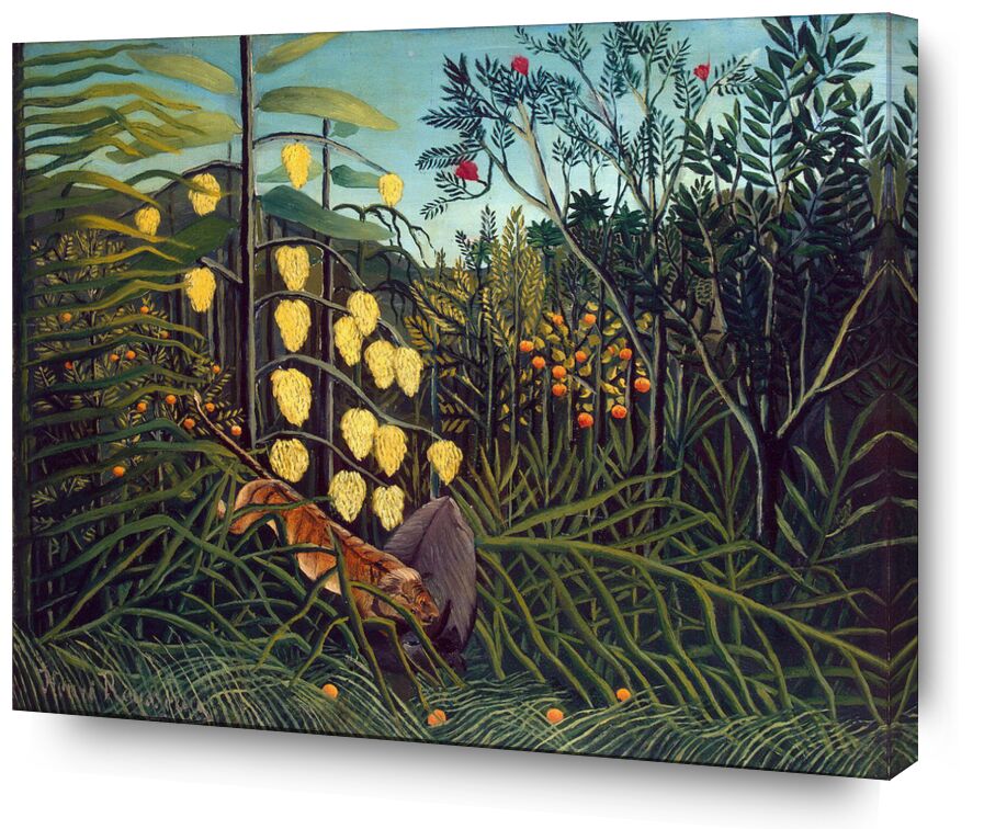 Tropical Forest: Battling Tiger and Buffalo von Bildende Kunst, Prodi Art, Rousseau, Tiger, Wald, Dschungel, Bäume, Natur, Kampf, Büffel