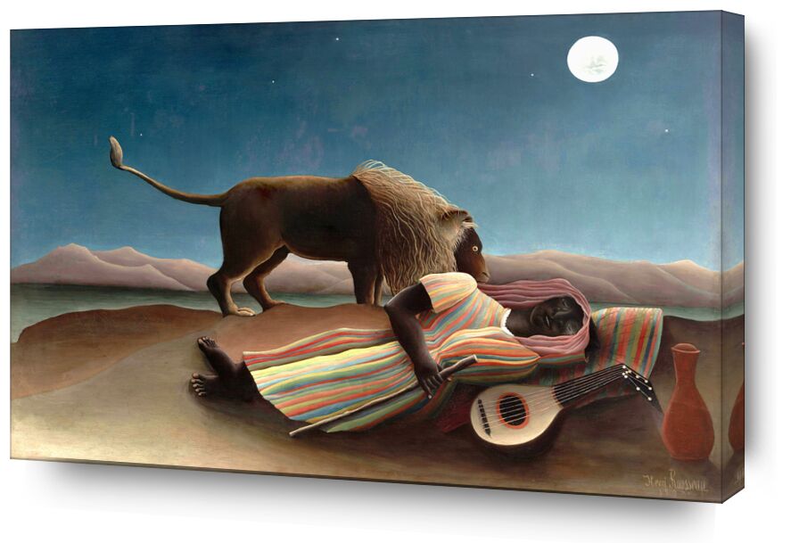 The sleeping gypsy from Fine Art, Prodi Art, sand, music, guitar, stars, wild, Lion, Moon, desert, rousseau