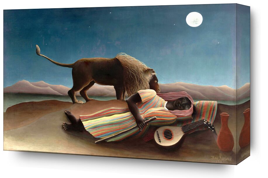 The sleeping gypsy from Fine Art, Prodi Art, sand, music, guitar, stars, wild, Lion, Moon, desert, rousseau