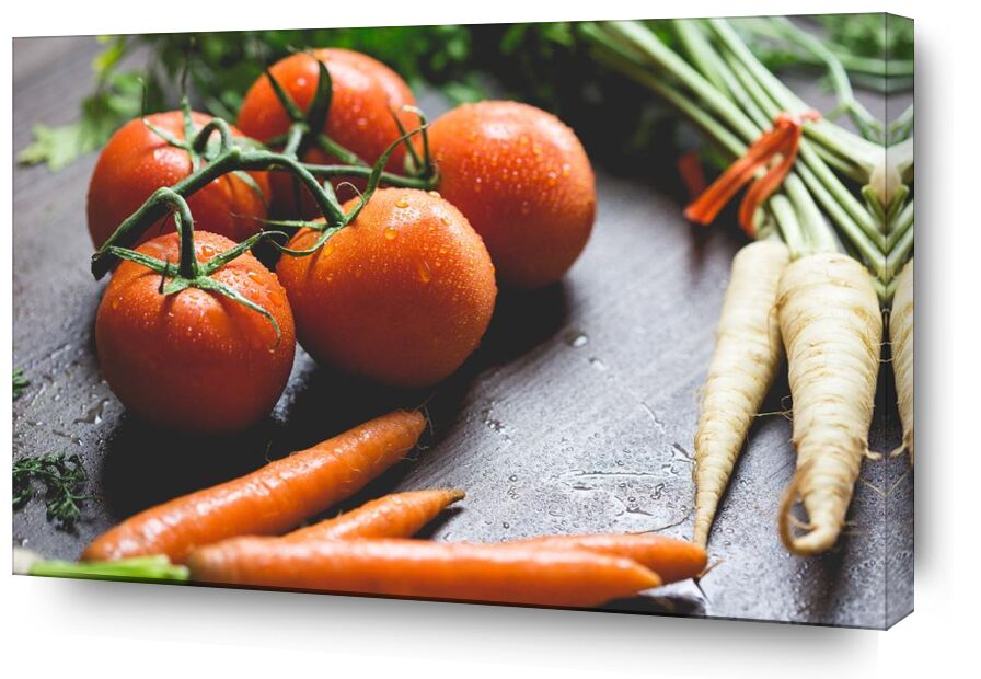 Nos légumes de Pierre Gaultier, Prodi Art, en bois, eau, des légumes, tomates, un radis, nutrition, Ingrédients, en bonne santé, santé, fruit, nourriture, concentrer, gouttes, gouttelettes, cuisine, gros plan, carottes, brouiller, agriculture