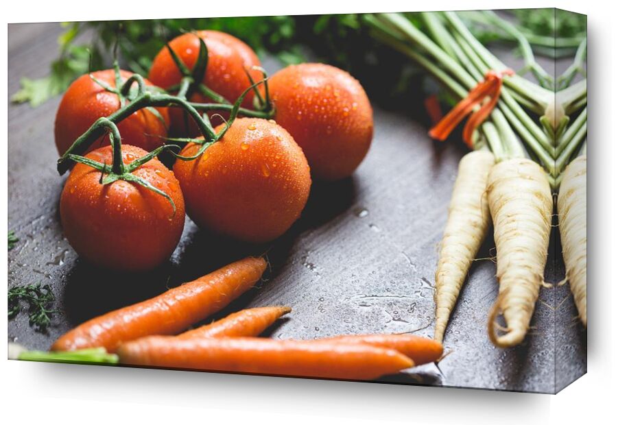 Our vegetables from Pierre Gaultier, Prodi Art, wooden, water, vegetables, tomatoes, radish, nutrition, ingredients, healthy, health, fruit, food, focus, drops, droplets, cooking, close-up, carrots, blur, agriculture