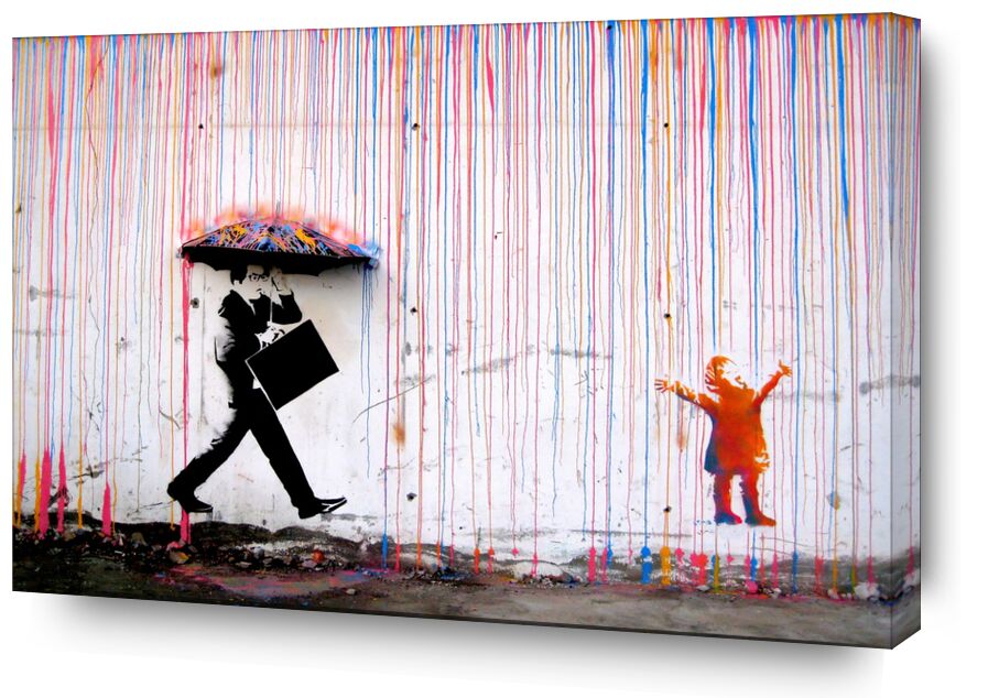 Pluie colorée - Banksy de Beaux-arts, Prodi Art, Banksy, pluie, enfant, rue, dessin, graffiti, joie, homme d'affaires