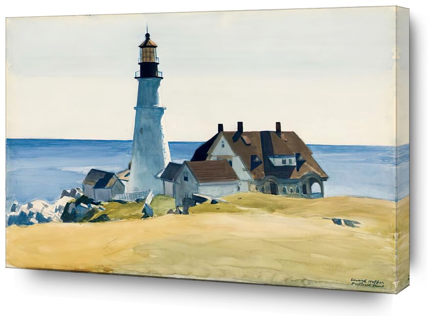 Lighthouse and Buildings von Bildende Kunst, Prodi Art, Trichter, Edward Hopper, Leuchtturm, Strand, Meer, Ozean, blau, Malerei