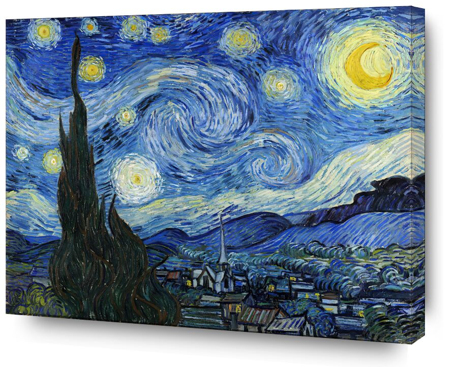 The Starry Night - VINCENT VAN GOGH 1889 von Bildende Kunst, Prodi Art, VINCENT VAN GOGH, Astra, Malerei, Dorf, Baum, Sterne, Nacht, Berge, Tal