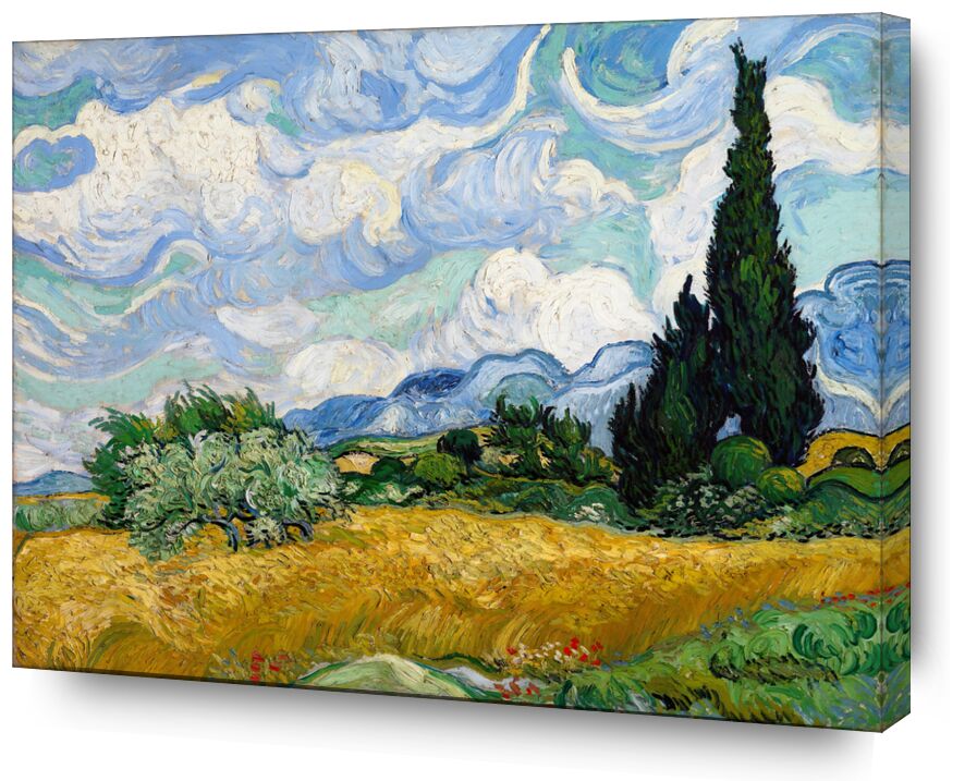 Wheat Field with Cypresses - VINCENT VAN GOGH 1889 from AUX BEAUX-ARTS, Prodi Art, painting, clouds, tree, meadow, green, nature, wheat fields, cypress, fields, bush