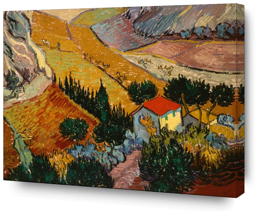 Landscape with House and Ploughman - 1889 desde Bellas artes, Prodi Art, casa, camino, árboles, campos de trigo, campos, paisaje, pintura, VINCENT VAN GOGH