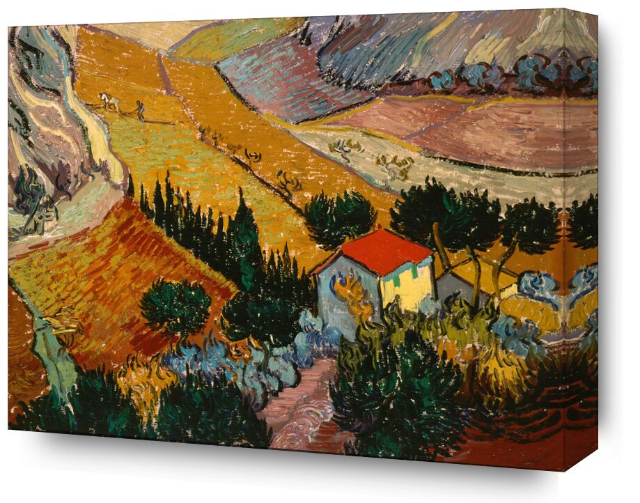 Landscape with House and Ploughman - VINCENT VAN GOGH 1889 from Fine Art, Prodi Art, House, path, trees, wheat fields, fields, landscape, painting, VINCENT VAN GOGH