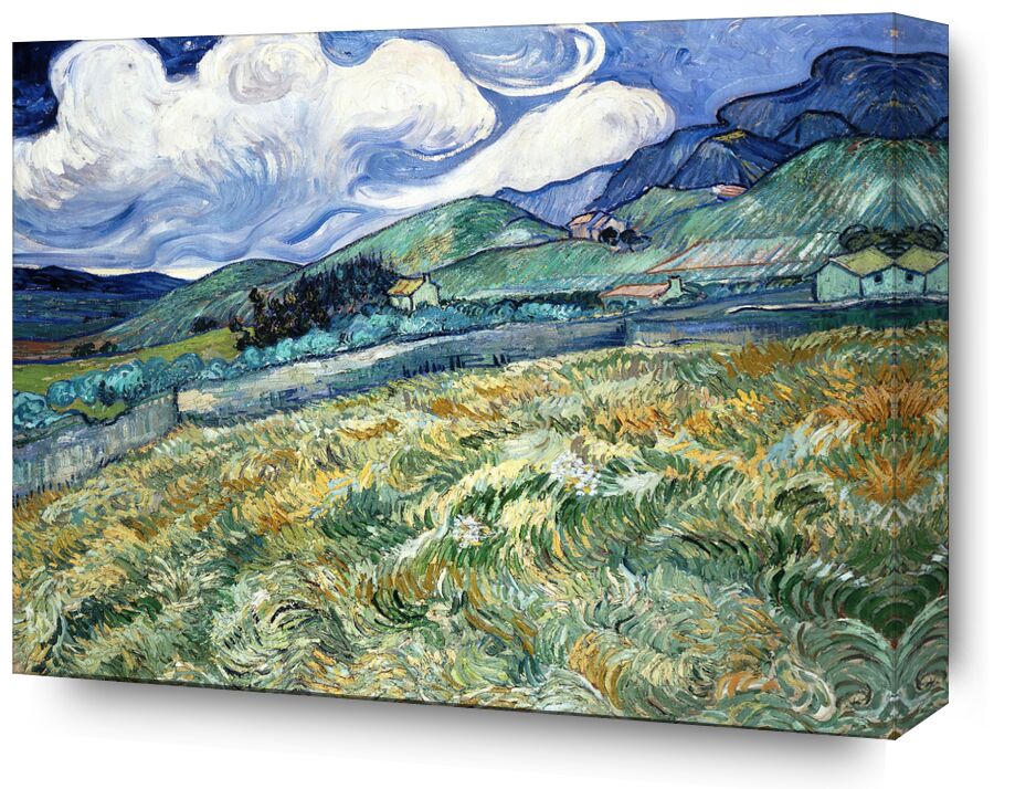 Landscape at Saint-Rémy - VINCENT VAN GOGH 1889 from Fine Art, Prodi Art, houses, VINCENT VAN GOGH, nature, clouds, meadow, trees, fields, wheat fields, painting