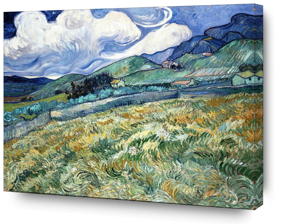 Landscape at Saint-Rémy - VINCENT VAN GOGH 1889 von Bildende Kunst, Prodi Art, Häuser, VINCENT VAN GOGH, Natur, Wolken, Wiese, Bäume, Felder, Weizenfelder, Malerei
