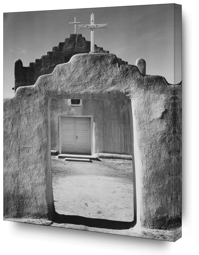 Church Taos pueblo, New Mexico - ANSEL ADAMS 1942 from AUX BEAUX-ARTS, Prodi Art, church, Entrance, message, black-and-white, ANSEL ADAMS, door