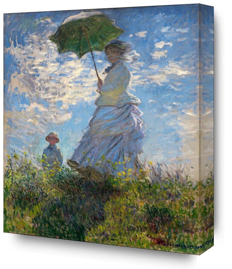The Stroll - CLAUDE MONET 1875 from Fine Art, Prodi Art, parasol, umbrella, CLAUDE MONET, meadow, blue, clouds, painting, child, woman