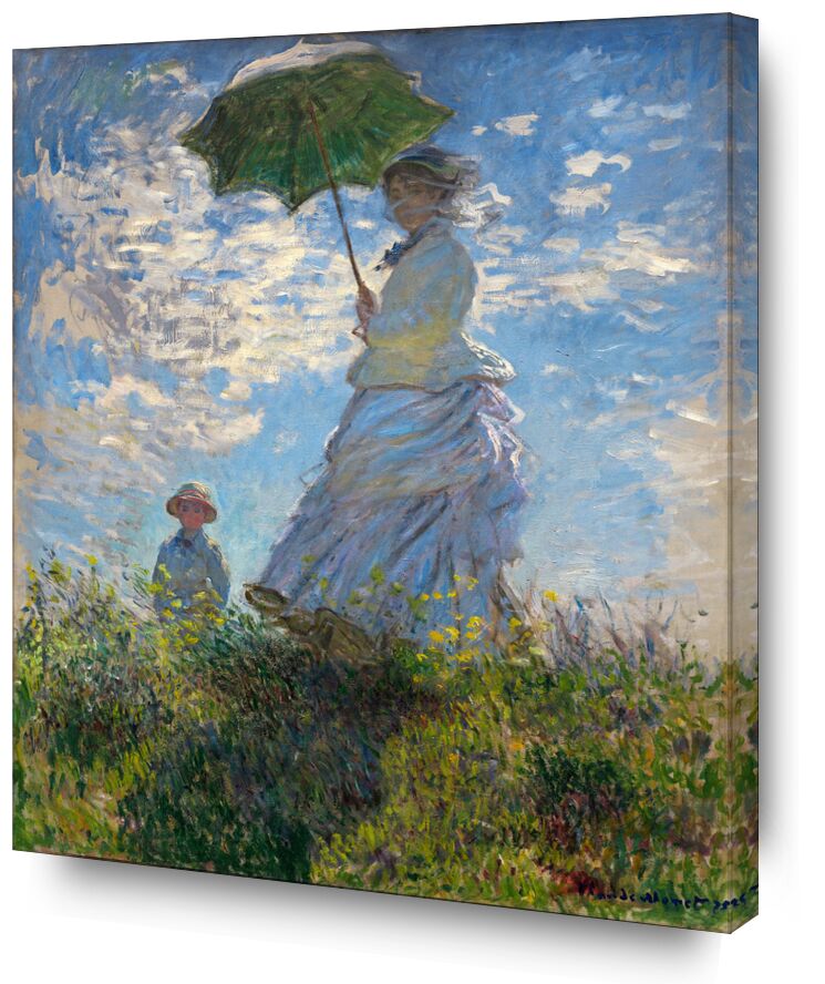 The Stroll 1875 von Bildende Kunst, Prodi Art, Sonnenschirm, Regenschirm, CLAUDE MONET, Wiese, blau, Wolken, Malerei, Kind, Frau